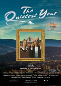 American Gothic couple holding their ears in front of farmhouse in mountains of Vermont