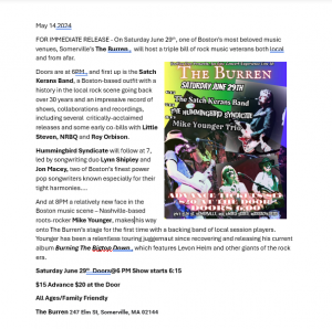 For Immediate Release - June 29 EPIC CONCERT AT THE BURREN IN SOMERVILLE