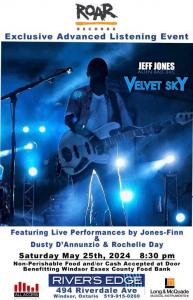 Poster of Jones-Finn with details of the live performance of Velvet Sky at Rivers Edge. The poster is white with wording above and below with logos of sponsors.