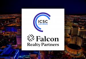 Atlanta Georgia skyline with Falcon Realty Partners and ICSC Las Vegas logos on top of it