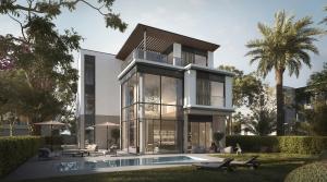 External view of the luxury villas and pool at Nad Al Sheba Gardens