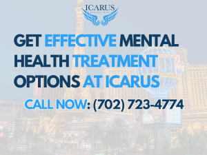 A scene showing Las Vegas in the background to provide the message Get proven inpatient mental health programs for trauma, PTSD, CPTSD, bipolar disorder, and depression at Icarus Nevada