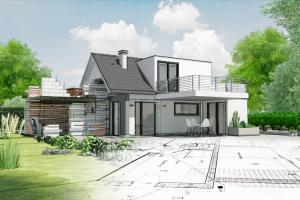 Concept of half drawn, half-built house indicating custom build