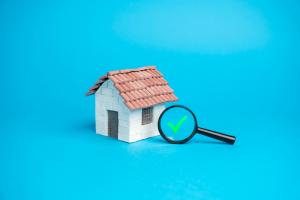 House on a blue background with a magnifying glass containing a green tick