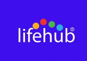 Life Hub Logo - white wording on a purple/blue shade background
