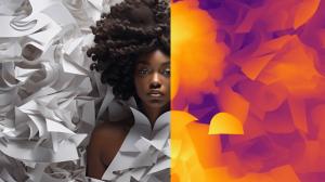 A split screen shows a woman framed by white textured material on the left and orange texture on the right.