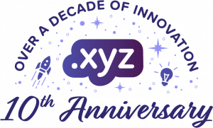 purple gradient .xyz logo surrounded by text that says "Over a decade of innovation" with cursive writing underneath that says "10th Anniversary" along with a rocket ship, lightbulb, and stars