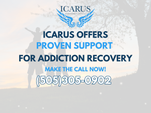 A family in silhouette against a sunset shows the concept Make the confidential call today to get proven support for recovery at Icarus in New Mexico