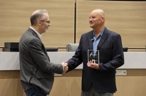 “Your legacy and the stories that you’ve written into will extend for many, many years,” said CFFCU president/CEO Cameron Dickey to Dr. Mark Henry, recently retired superintendent of Cy-Fair Independent School District, while presenting him the Community Quill Award.