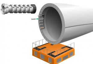 The whole rotor blade has been dismounted and placed in a repair environment onsite within the windpark. Following CNC precision machining to extract the damaged bushing, the patented bushing is inserted into the rotor blade root.