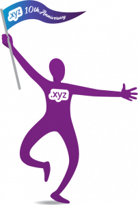 Graphic design of a purple person with a .xyz logo on their front, holding a flag that says ".xyz 10th Anniversary"