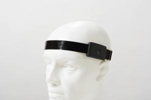 Mannequin head wearing black HALO headband. Caption: The new BrainAccess HALO adapts to different head shapes and features a 4-channel EEG acquisition system with a common reference electrode, two electrodes positioned on forehead & two over the occipital cortex region.