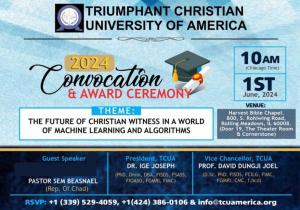 Triumphant Christian University of America is dedicated to providing a transformative educational experience that promotes spiritual growth and social responsibility. This year's theme is "The Future of Christian Witness in a World of Machine Learning and Algorithms." 