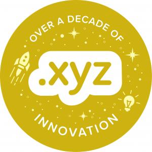 .xyz logo in a yellow circle surrounded by the text "Over a decade of .xyz innovation" and graphics of a rocket ship, lightbulb, and stars