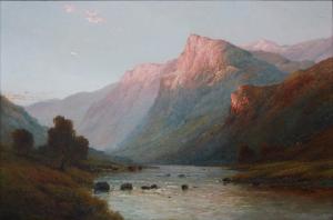 Oil on canvas landscape painting by Alfred Fontvill De Breanski (British, 1877-1957), titled Evening on a Highland River (est. $1,500-$2,500).