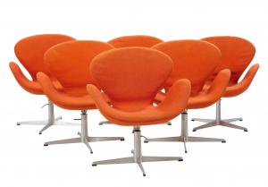 This mid-20th century set of six Arne Jacobsen for Fritz Hansen swan chairs is expected to change hands for $3,000-$5,000.