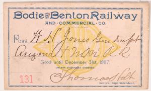 Lot 2097 is a railroad pass for the Bodie and Benton and Commercial Co. from 1887. The pass, #131, was issued to W. H. Jones, Arizona & New Mexico Railroad (est. $1,000-$4,000).