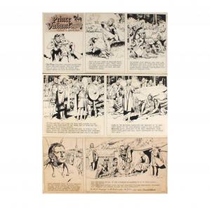 Large-format Hal Foster original drawing of the Prince Valiant #1480 comic strip from June 20, 1965. This exciting work of art is estimated to sell for between $10,000-$20,000.
