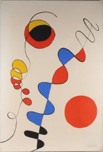 Alexander Calder is represented in the sale by this lithographic work in polychrome titled Couleurs enlaces dans le fil de fer that bears an estimate of $3,000-$5,000.