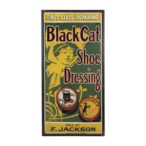 Canadian 1890s single-sided tin sign for Black Cat Shoe Dressing is a great original survivor, with original paint, original wood frame and excellent color and gloss (est. CA$6,000-$9,000).