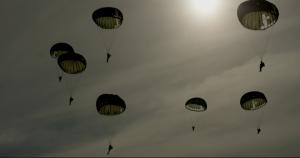 Members of the 101st and 82nd airborne, Firebrand Flag, and cast members of the Band of Brothers Television Series parachute into Normandy on 6/3/2024.