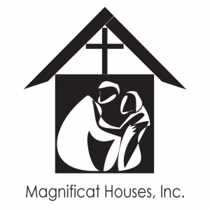 Magnificat Houses, Inc. Logo. Picture of a figure uplifting another figure under a roof