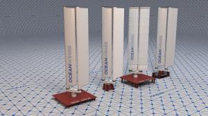 A CGI visual depicting four wingsails for ships, mostly in white