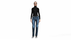 High quality digital woman avatar wears a black ribbed turtleneck with blue jeans and she wears sunglasses
