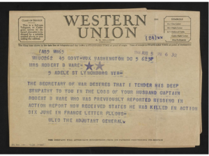 A telegram from the secretary of war to Mrs. Ware regarding her husband's death on D-Day.