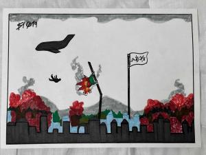 A drawing by an Afghan refugee child depicting an Afghan man falling from a plane into a bombed and burning city, representing the traumatic experiences faced before their healing journey began.