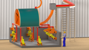 Illustration of large hydrogen storage vessel mounted on a motion-controlled test platform and showing motion actuators with test technician standing alongside.