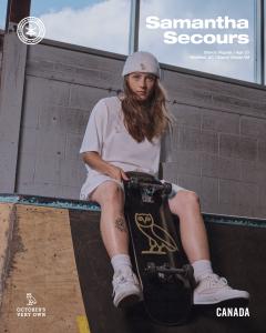  National team skateboarder, Samantha Secours, wears OVO x Canada Skateboard while seating on a quarter pipe with a OVO branded skateboard.