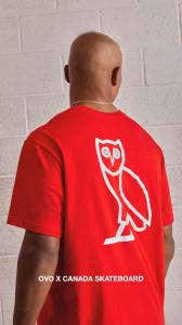 Bright red owl OVO x Canada Skateboard t-shirt for the 2024 Olympics, combining red and white to proudly embody the athletes and organizations roots.