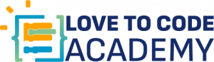 Logo of Love to Code Academy featuring text "LOVE TO CODE ACADEMY" with an abstract design of lines and blocks on the left, highlighting their Kids Coding Programs.