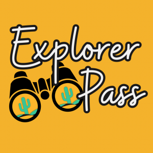 The Explorer Pass logo is pair of binoculars with cactuses reflected in the lens.