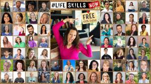#LifeSkillsNow summer camp image containing 70 expert camp leaders and an excited Katie Kimball, the host