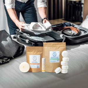 Photo of a Man Packing his suitcase featuring Life Elements Travel & Gift Bundle Set including the Hair & Body Travel Bar, Healing Honey Stick, and Shower Steamers