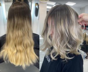 A before and after picture of a woman's hair, the first image the hair is longer and slightly yellow, the second image the hair has a nice trim and the hair is toned.