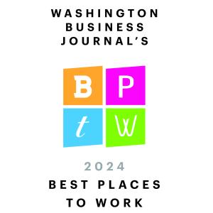 logo with the words Washington Business Journal 2024 Best Places to Work and the letters BPTW in colored squares in the center.