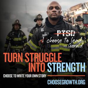 Firefighter, facing the camera, Choose Growth Logo and URL