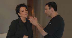 "Dr. Simon Ourian, renowned cosmetic expert, in conversation with Kris Jenner, who is wearing a black blazer, during a consultation at Epione Beverly Hills."