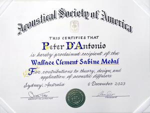 Certificate in honor of RPG Acoustical Systems’ Dr. Peter D’Antonio