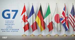 G7 Country Flags in a row from left to right: Canada, France, Germany, Italy, Japan, UK, US