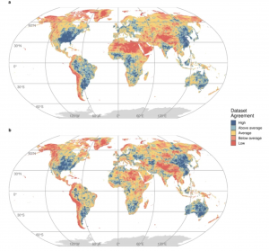 a Standardized interquartile range is derived by all grid cells, b Standardized interquartile range is conditioned over each precipitation intensity class.