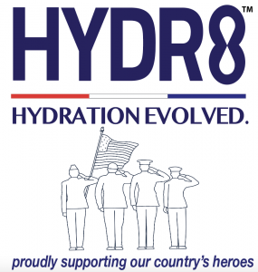 Hydr8 Logo with Military saluting and commitment to U.S. Veterans statement