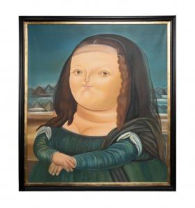 Authorized, circa 2014 oil on canvas copy of Mona Lisa after Fernando Botero (Colombian, 1932-2023) by Erasmo Arbokola Alvarez (Botero’s assistant, Colombian, 20th c.) (est. $10,000-$15,000).