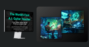 man playing guitar with ai helping him learn