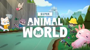 Super Animal World logo with scene of fishing, bug catching and hamster ball racing