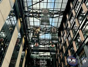 View of the Celtics player banners hanging at the TD Garden during the 2024 NBA Finals.