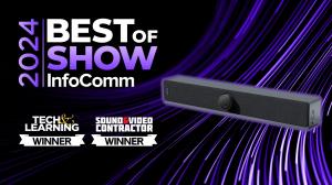 Graphic of the Next Hub featuring award badges for 2024 InfoComm Best of Show Tech&Learning and Sound&Video Contractor